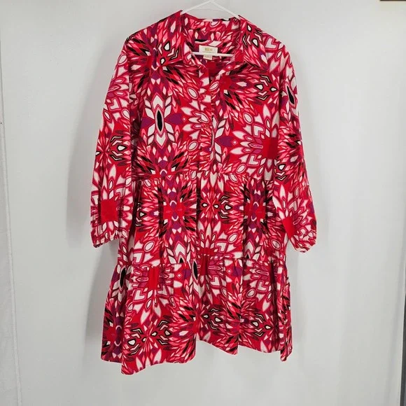 Maeve Anthropologie Bettina Mini Shirt Dress Red Floral Tiered Button Down Sz L - Picture 2 of 9
